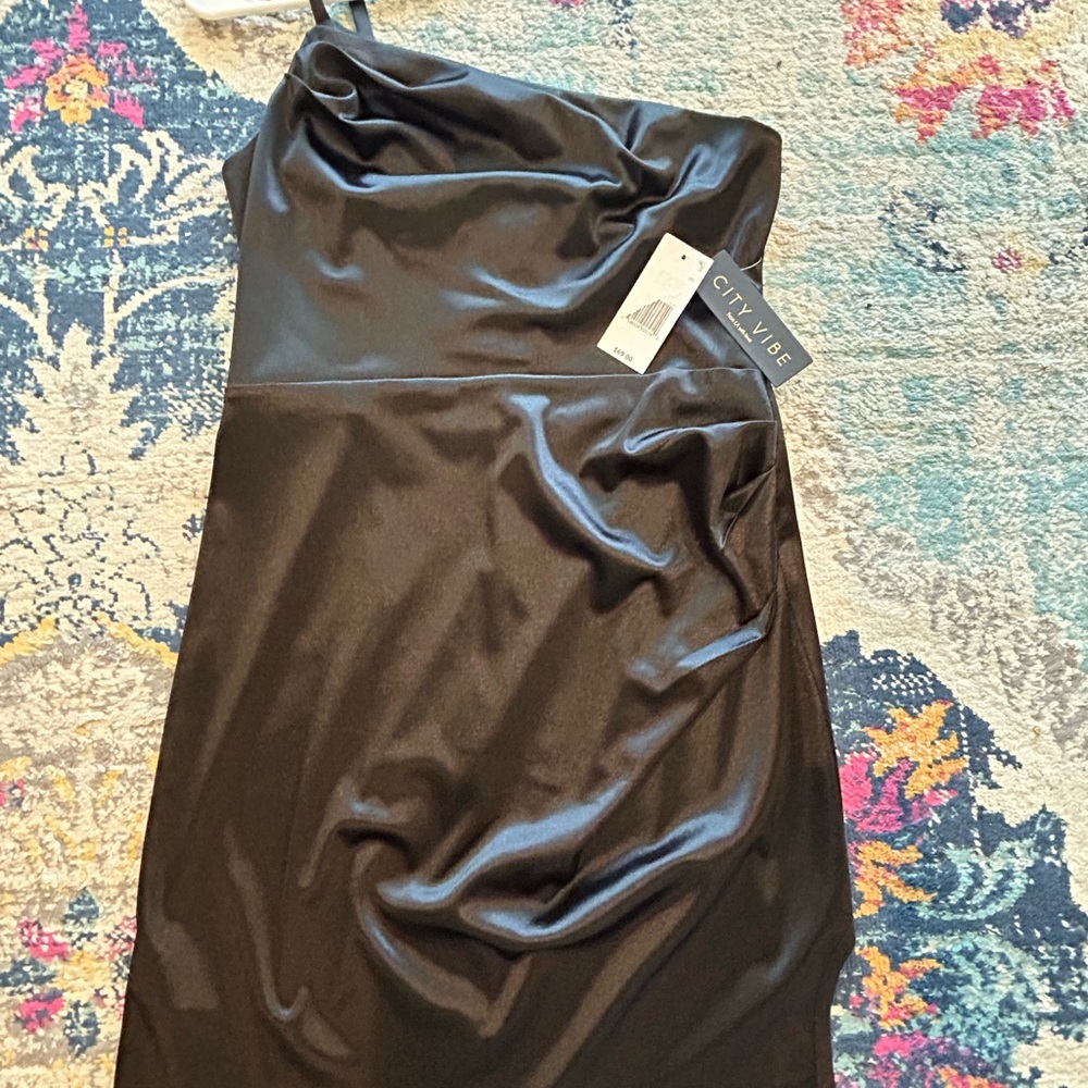 Black One-Shoulder Asymmetrical Slip Dress